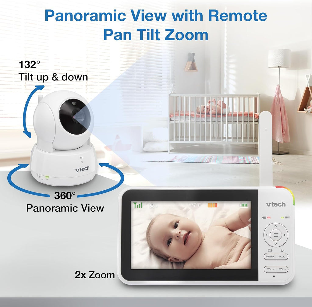 VTech VM924-2 5' Pan Tilt Zoom Video Baby Monitor with 2 Cameras – No WiFi, 17Hr Battery, 1000ft Range, Night Vision, Lullabies & Temperature Sensor – Ideal for New Parents & Twins