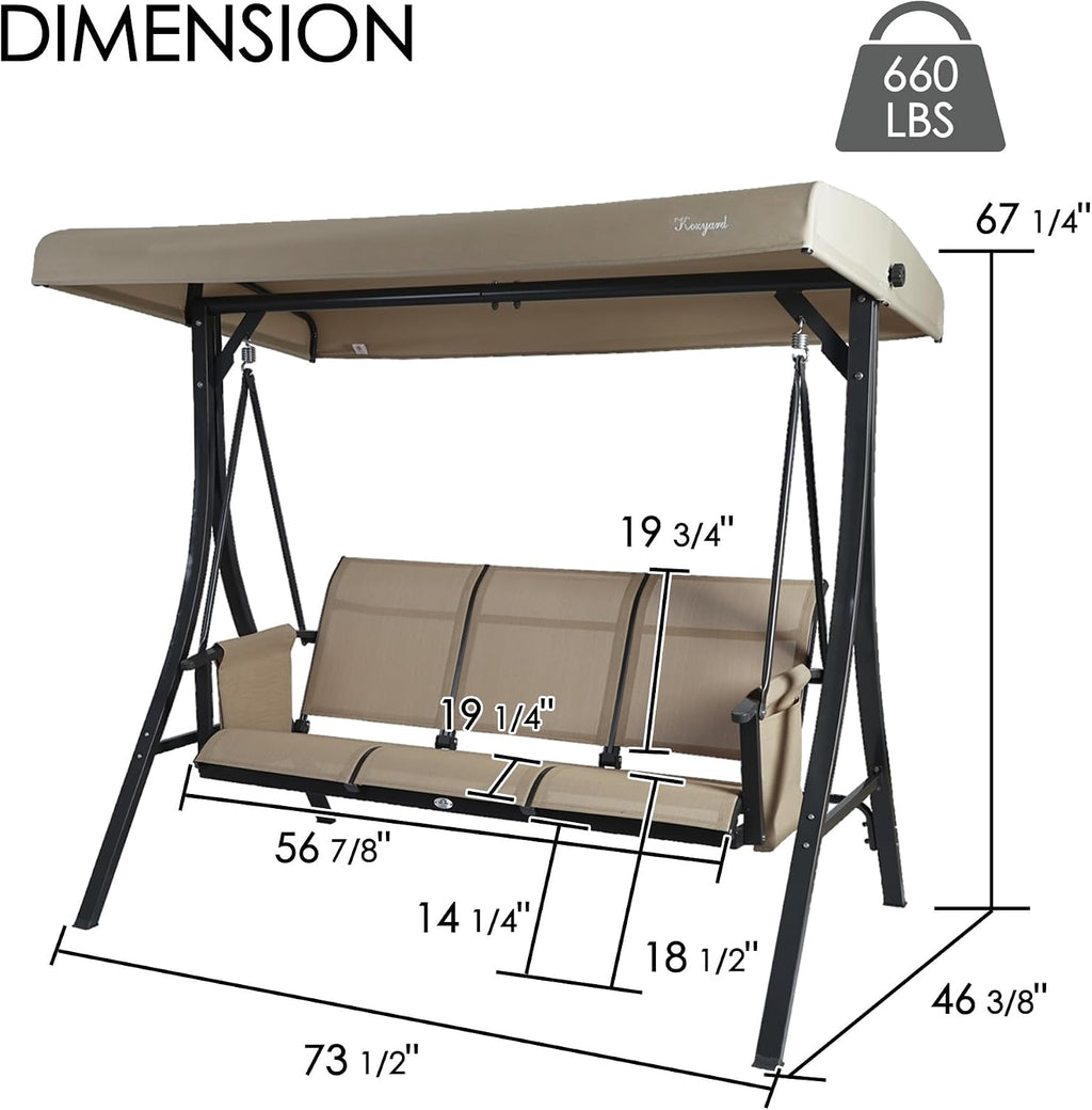 Kozyard Brenda 3-Seat Outdoor Porch Swing Glider, Patio Swing with Adjustable Canopy, Steel Frame, Breathable Textilene Seat & Back, Side Pockets (Tan)