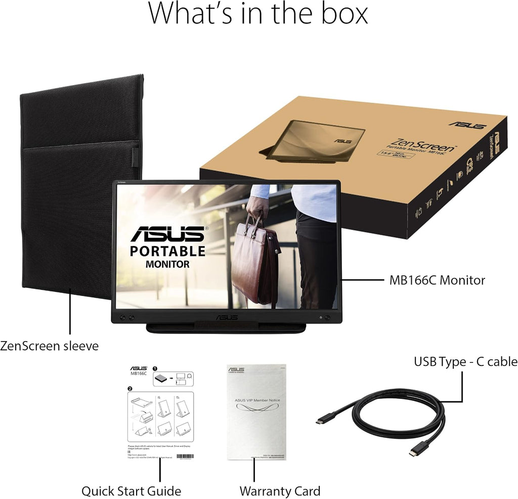 ASUS ZenScreen 15.6' 1080P Portable USB Monitor (MB166C) - Full HD, IPS, USB Type-C, USB-Powered, Eye Care, Flicker Free, Blue Light Filter, Tripod Mountable, Anti-Glare Surface, Protective Sleeve