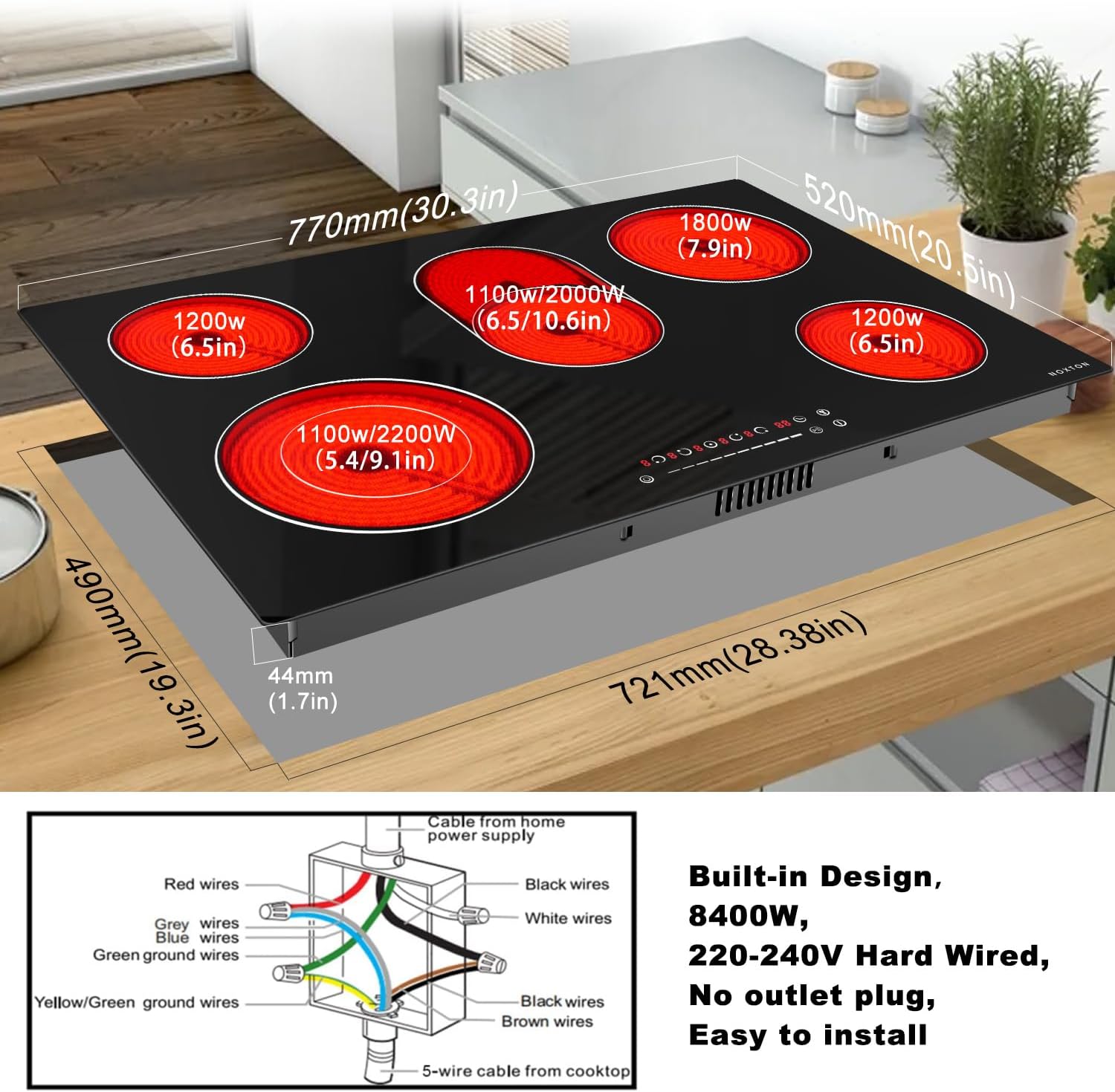 Noxton Electric Cooktop 30 Inch, 8400W 5 Burners Drop-in Radiant Electric Stove Top, Sensor Touch Control, 9 Power Levels, Child Safety Lock, Timer,40Amps 220-240V Hardwire