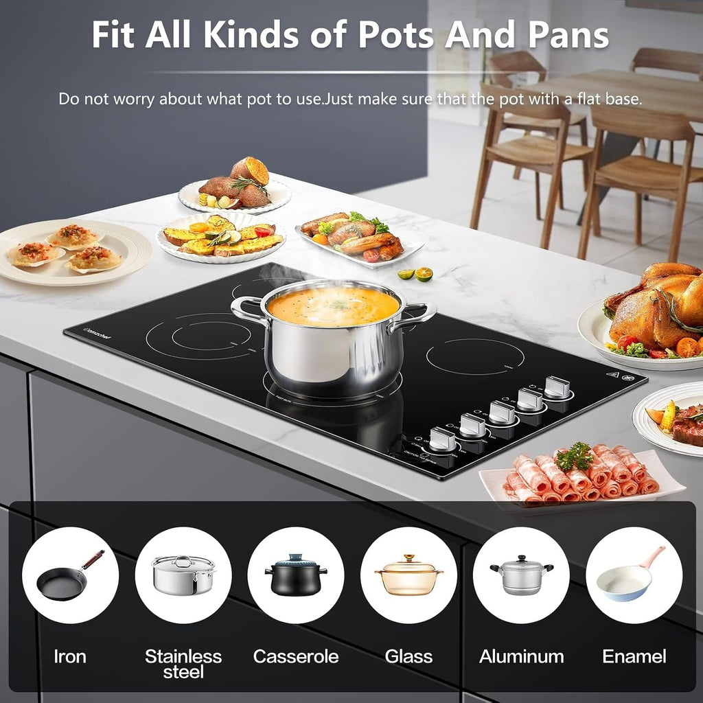 AMZCHEF Electric Cooktop 36 Inch,5 Burners Built-in Electric Stove Top,Max 8900W Ceramic Glass Countertop with Knob Control Max 3000W Double Zone,Safety Lock