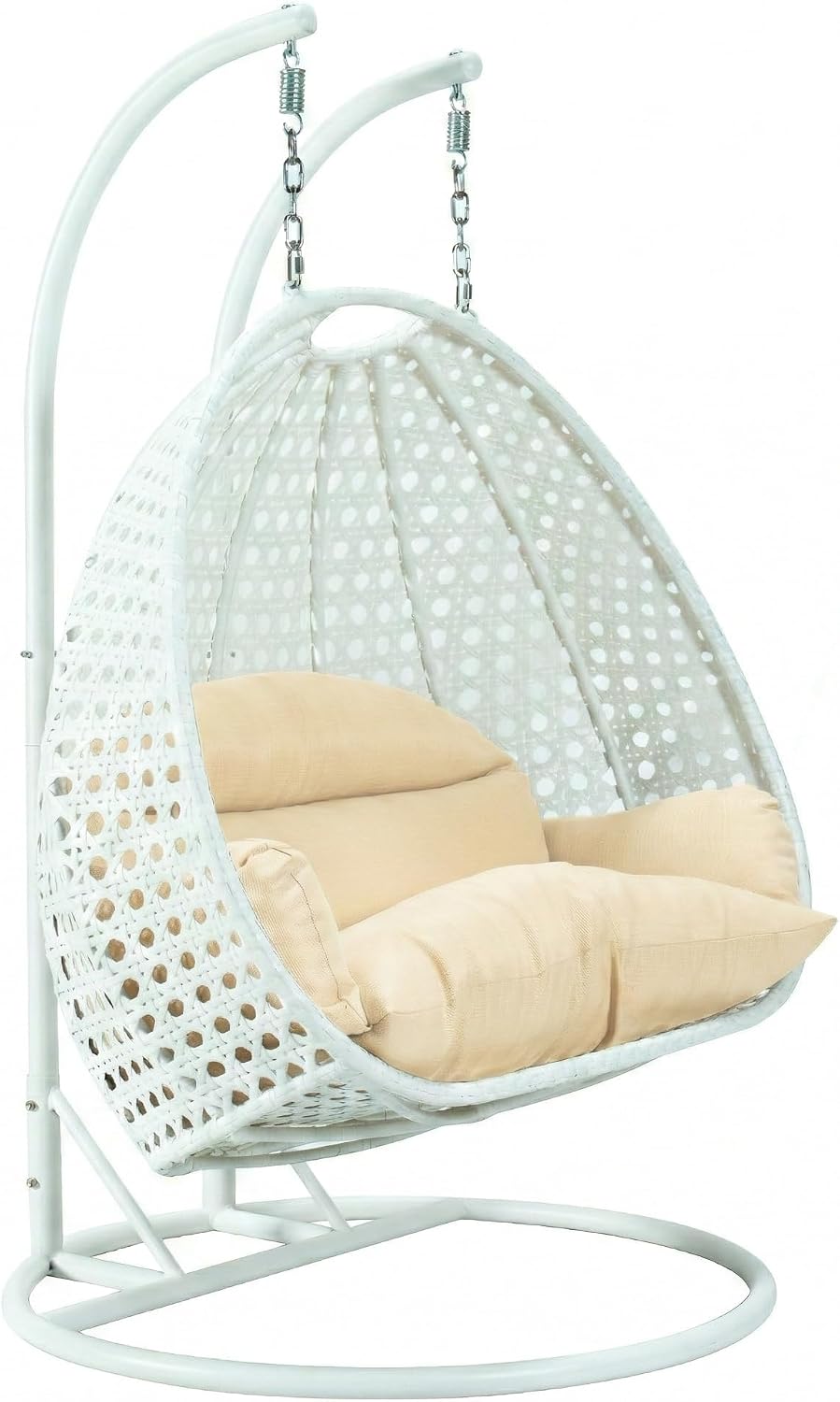 LeisureMod 2 Person Wicker Egg Chair Outdoor Indoor Bedroom Patio Hanging Lounge Swing Hammock Chairs with White Stand and UV Resistant Cushions (Cream)
