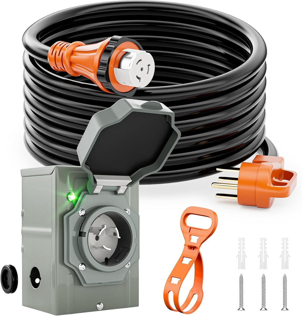 50 Amp Generator Cord and Pre-Drilled Inlet Box Kit, 25ft Generator Cable Extension 50A 4 Prong NEMA 14-50P to SS2-50R with Twist Lock, Heavy Duty STW Wire for RV Camper & House, ETL Listed