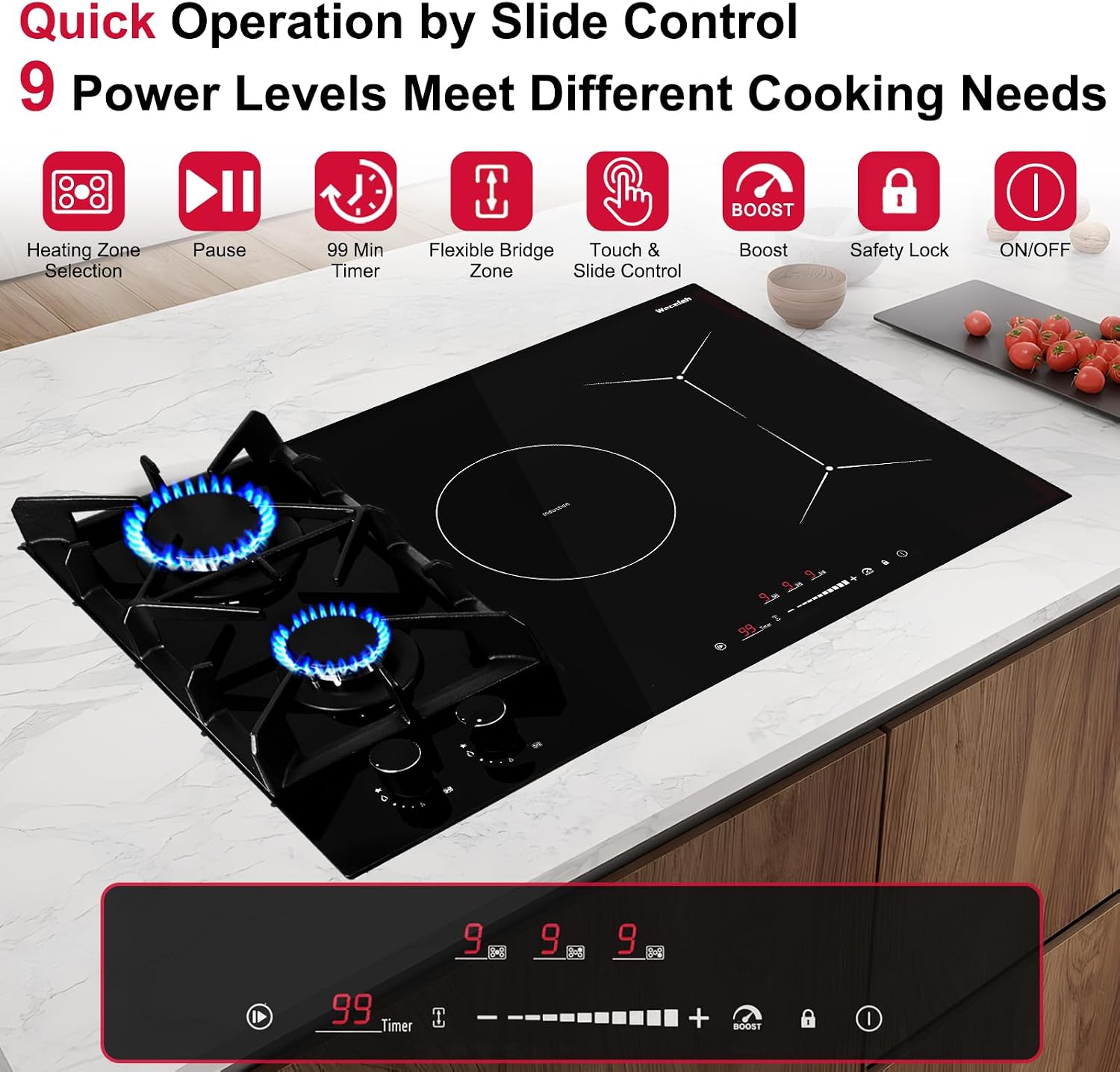 30 Inch Hybrid Gas and Induction Combo Cooktop, Built-in 5 Burners (2 Gas+3 Induction), 12000 BTU Boost, Safety Lock & Grill Bridge Mode, Drop-in Cooktop for Kitchen, 6700W