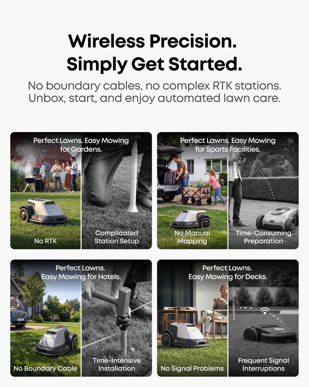 eufy E18 Robot Lawn Mower, Max 0.3 Acres, Vision Navigation, Hands-Free Auto Mapping, Wire Free RTK Free, Multi-Zone Management, AI Obstacle Avoidance, APP Control, 18° Slope, Cut Height 1'-3'