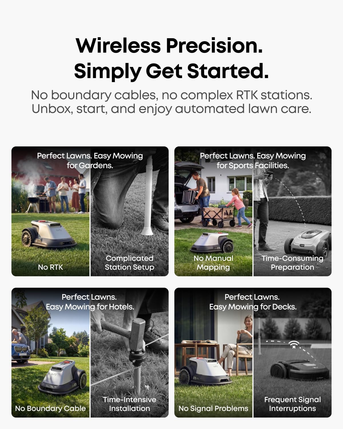 eufy E18 Robot Lawn Mower, Max 0.3 Acres, Vision Navigation, Hands-Free Auto Mapping, Wire Free RTK Free, Multi-Zone Management, AI Obstacle Avoidance, APP Control, 18° Slope, Cut Height 1'-3'