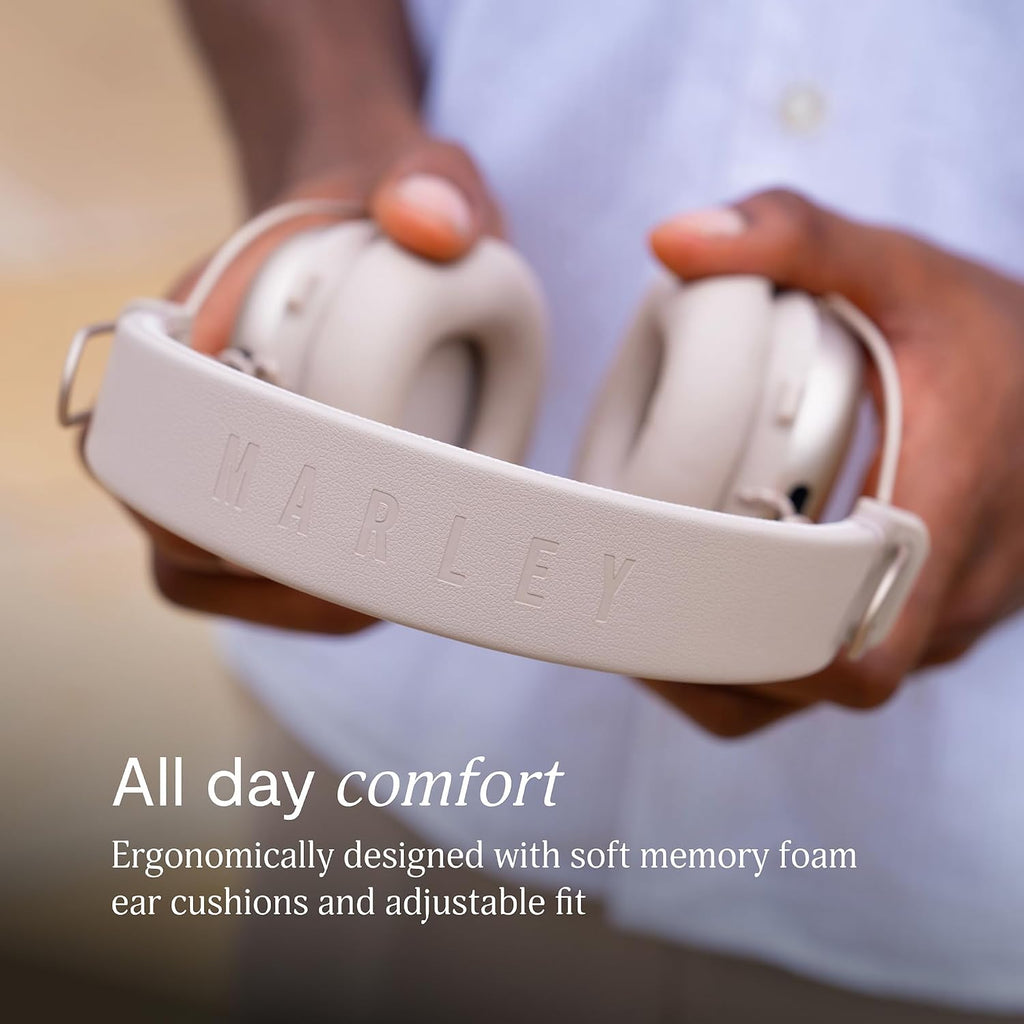 House of Marley Positive Vibration Rebel Wireless ANC Headphones - Over Ear Bluetooth Earphones with Adaptive Noise Cancelling, 130 H Playtime, IPX5, Sustainable Materials (Cream)