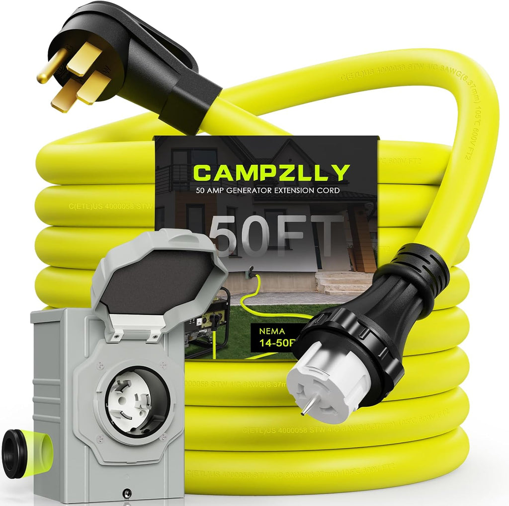 50 Amp Generator Cord 50FT and Power Inlet Box, NEMA 14-50P Male to SS2-50R 125/250V Twist Lock Connector with Pre-Drilled NEMA SS2-50P Generator Inlet Box for Generator to House, ETL Listed