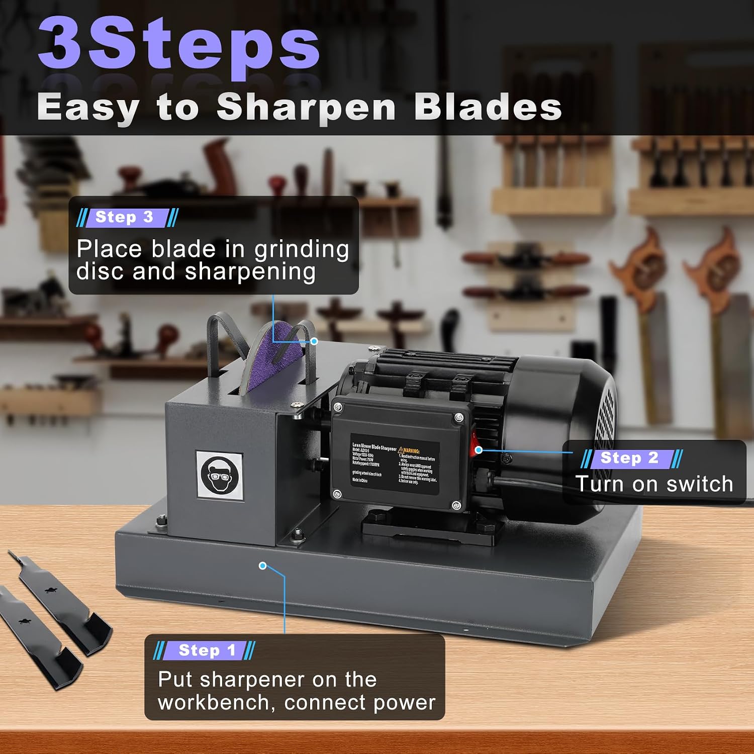 Lawn Mower Blade Sharpener, 2/3HP 500W Mower Grinder with 7 Inch Ceramic Grinding Wheel and 1 Pair 60 Grit Sandpaper & 40° Bracket for High/Low Lift, Gator & Flat Blades Sharpen
