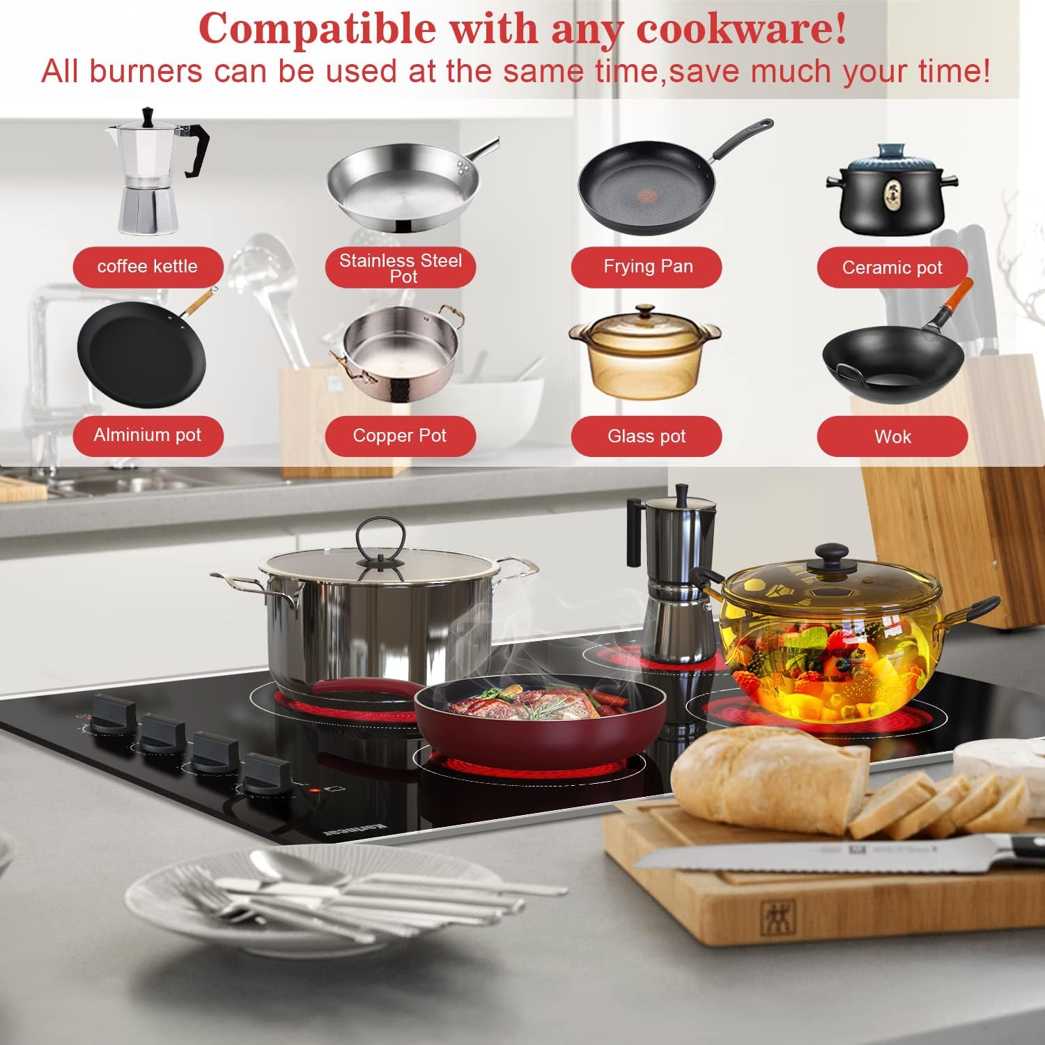 Karinear 30 Inch Electric Cooktop 4 Burners, Knob Control Built-in Ceramic Cooktop, 30' Radiant Electric Stove Top with Glass Protection Metal Frame,Hot Surface Indicator, 220-240v, Hard Wire, No Plug