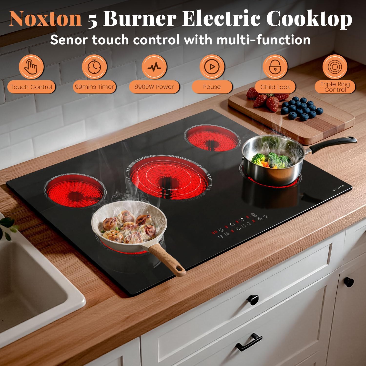 Noxton 30 Inch Electric Cooktop, 5 Burner Ceramic Cooktop with Triple Ring Expandable Burner, Built-in Radiant Electric Stove Top, 9 Power Levels, Timer, Child Safety Lock, 240V Hardwired