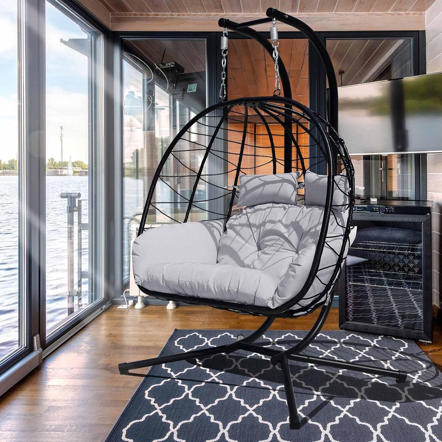 Hanging Egg Chair with Stand Indoor Swinging Chair Outdoor Hammock Egg Chair for Patio, Bedroom, Garden and Balcony (Gray+Black, Large)
