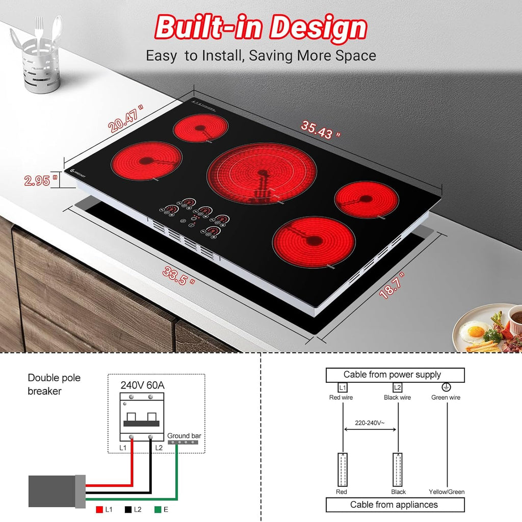 AMZCHEF Electric Cooktop 36 Inch,5 Burners Built-in Electric Stove Top,Max 9000W Ceramic Glass Countertop with Touch Control,9 Heating Level,Max 3000W Triple Zone,Safety Lock