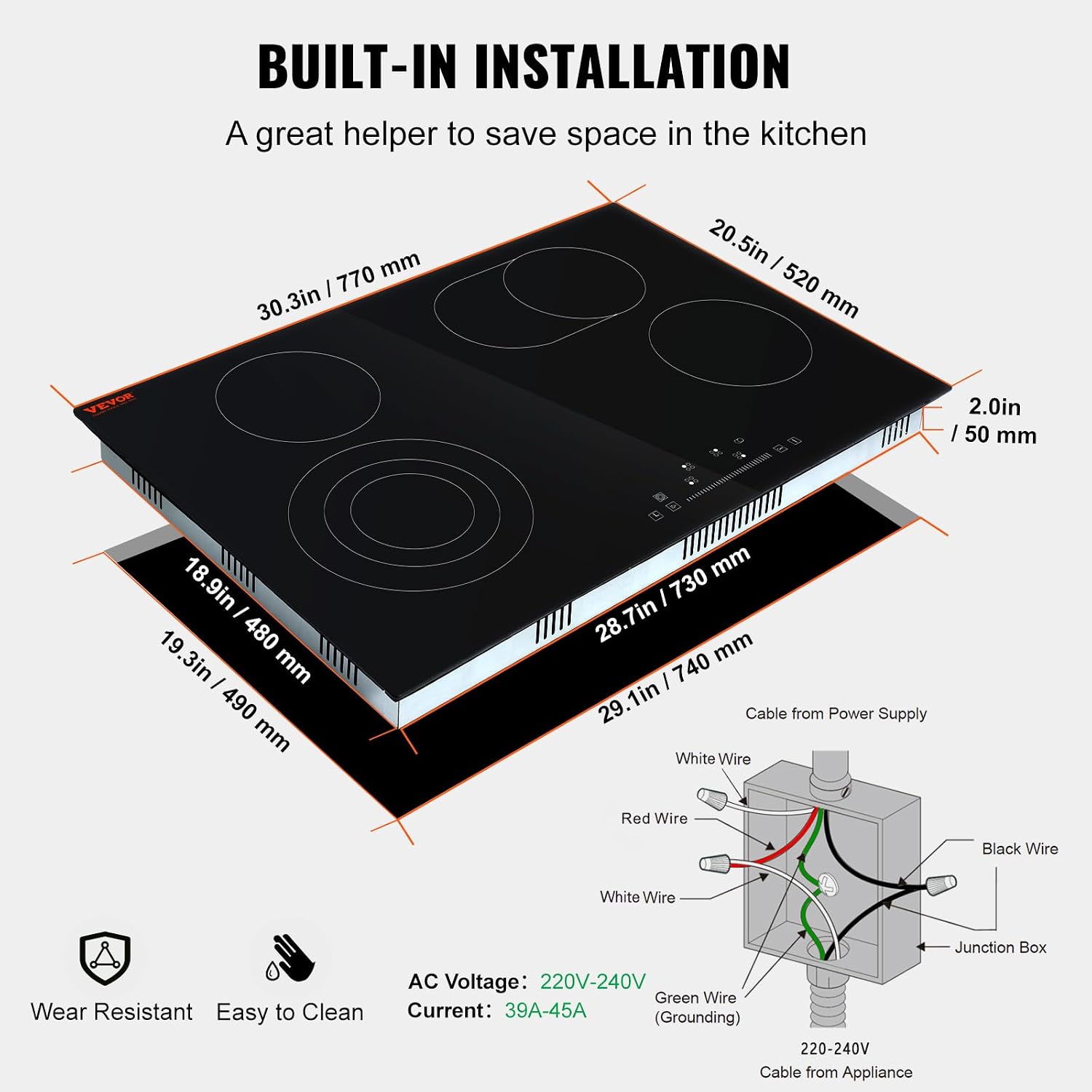 VEVOR Electric Stove Top 30inch 4 Burners Electric Cooktop,9 Power Levels & Sensor Touch Control,Easy to Clean Ceramic Glass Surface,Child Safety Lock,240V