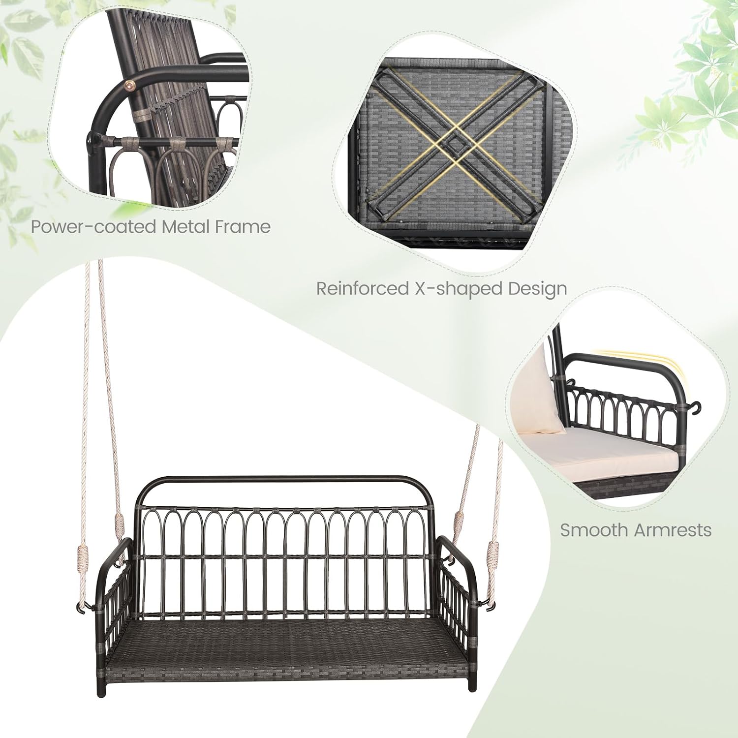 HAPPYGRILL 2-Person Patio Wicker Swing Chair, Hanging Outdoor Swing Bench with Removable Cushions, 880 LBS Weight Capacity, Outdoor Front Porch Swing for Garden Poolside Backyard