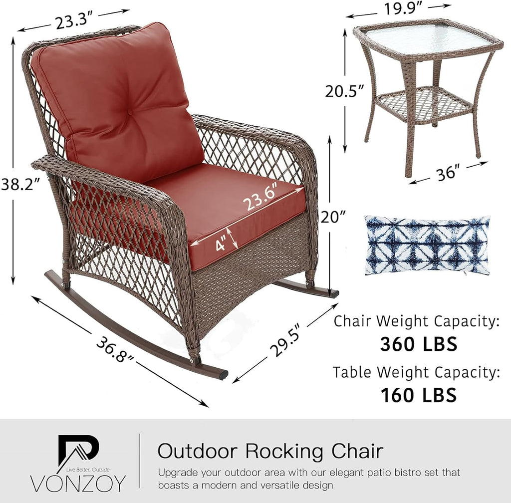 Patio Furniture Set 3 Pieces, Rocking Bistro Set with Thick Cushions, Brown Wicker Outdoor Rocker Chairs and Coffee Table for Porch, Backyard or Garden (Red)