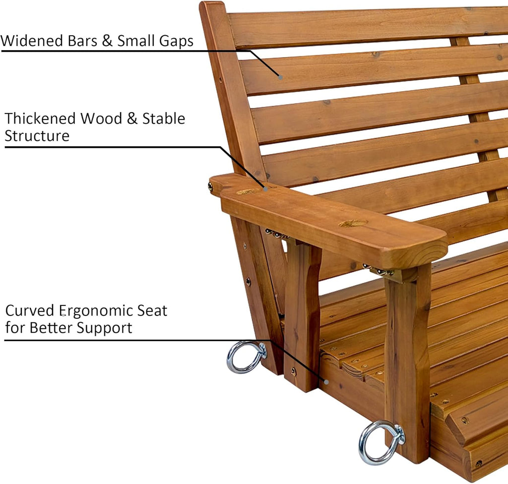 Wooden Porch Swing, Ergonomic Seat, Bench Swing with Hanging Chains and 7mm Springs, Heavy Duty 800 LBS, for Outdoor Patio Garden Yard (Brown, 3-Seater Extra Large)
