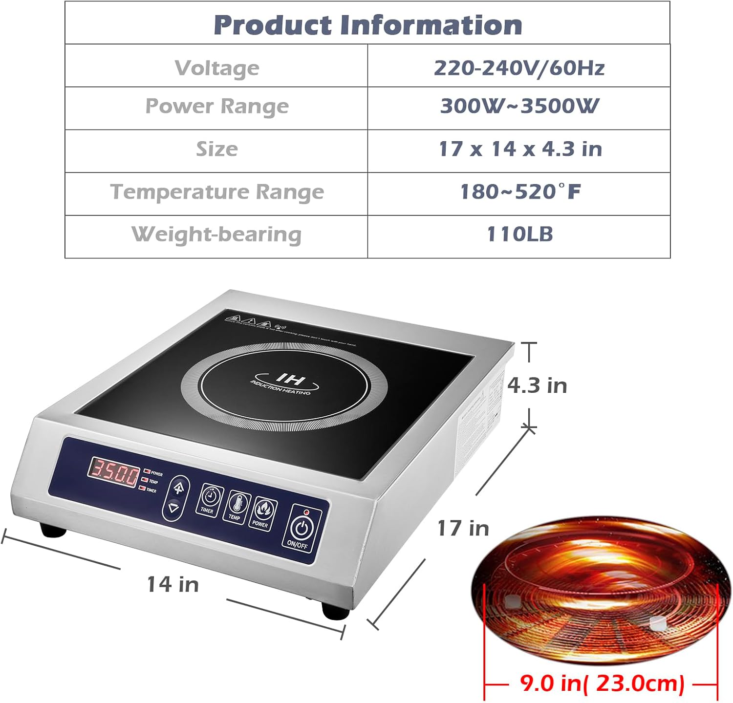 Commercial Induction Cooktop,Portable Electric Countertop Burner(3500W/ 240V) with Stainless Steel Housing, Durable Commercial Induction Hot Plate for Hotel Restaurant School
