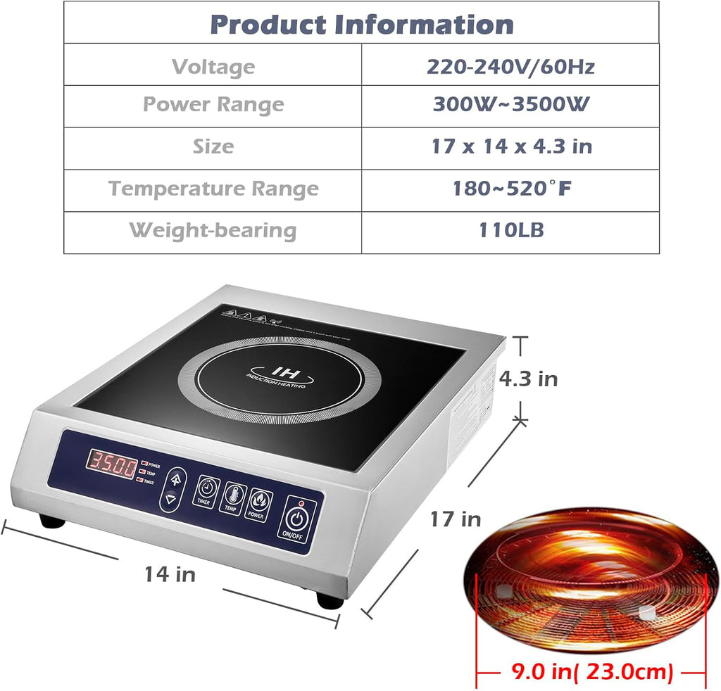 Commercial Induction Cooktop,3500W/ 240V Portable Electric Countertop Burner with Stainless Steel Housing, Durable Commercial Induction Hot Plate for Hotel Restaurant School
