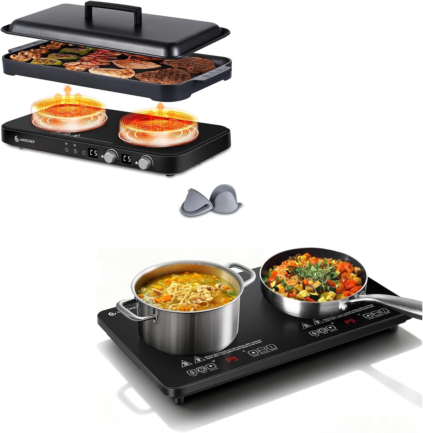 AMZCHEF Double Induction Cooktop with Removable Griddle Pan Non-stick & AMZCHEF Portable-Induction-Cooktop-2-Burner-ETL-Certified