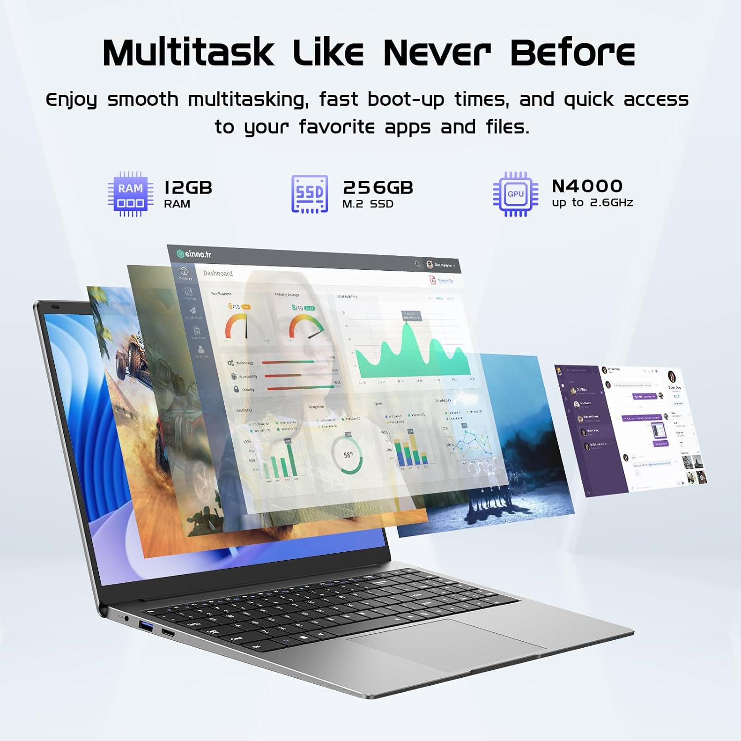 Laptop Computer 15.6' Laptops with 12GB RAM 256GB SSD,Office Suite, 100% sRGB Screen, N4000 Processor, Notebook, Dual Band WiFi5, BT4.2, USB-A, HDMI,FHD 1920 * 1080 Display,Silver