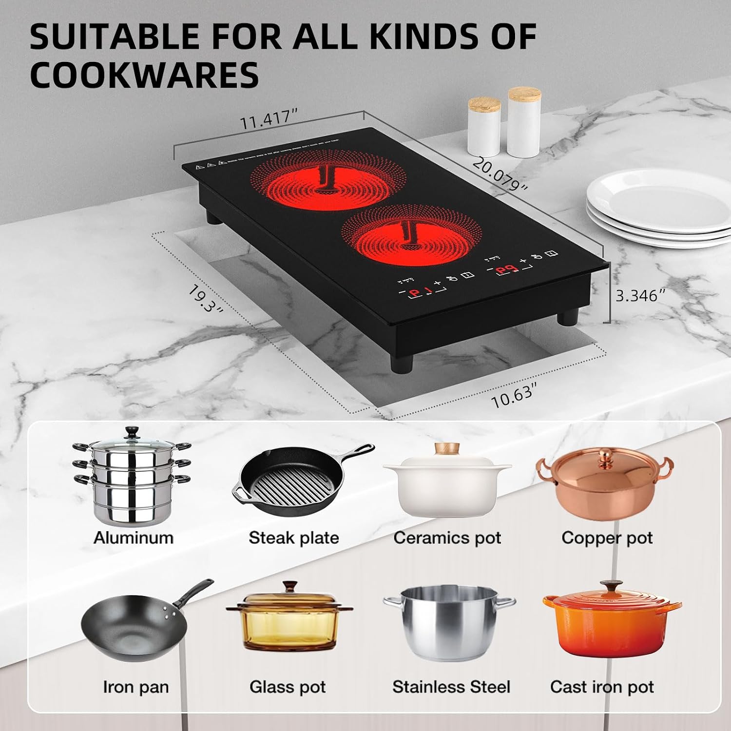 Electric Cooktop 2 Burners 2100W, 110v-120v Electric Stove Top 12 inch, Countertop & Built-in Cooktop, 20 Temperature 9 Power Levels, Child Lock, Timer, Over-Heat Protection