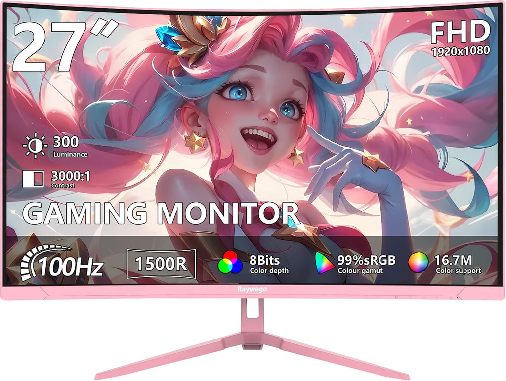 Raywego Pink 27 inch Curved Gaming Monitor 100Hz,FHD 1080P,1500R LED Display,Pink Computer Monitor,3ms (MPRT),FreeSync,Eye-Care Technology, DP, HDMI Port for Gaming Home Office,VESA(75mm×75mm)
