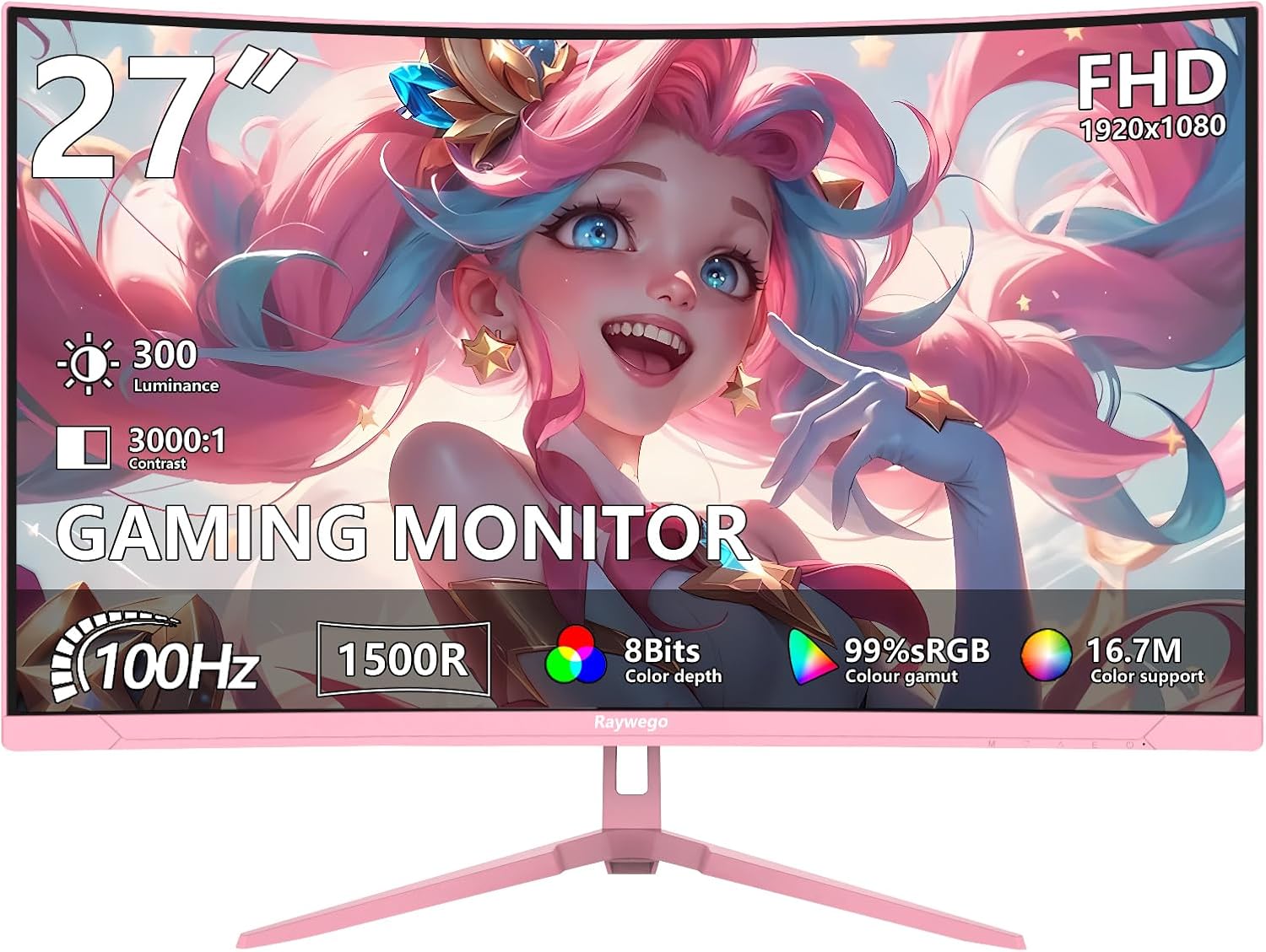 Raywego Pink 27 inch Curved Gaming Monitor 100Hz,FHD 1080P,1500R LED Display,Pink Computer Monitor,3ms (MPRT),FreeSync,Eye-Care Technology, DP, HDMI Port for Gaming Home Office,VESA(75mm×75mm)