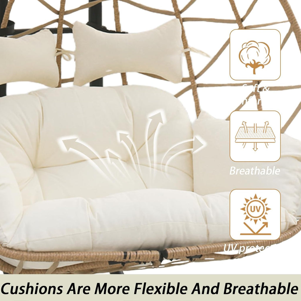 2 Person Hanging Egg Chair with Canopy, Outdoor Rattan Swing Hammock Basket Chair with Soft Cushion, Wicker Egg Chair for Outdoor Patio, Balcony, Garden (White)