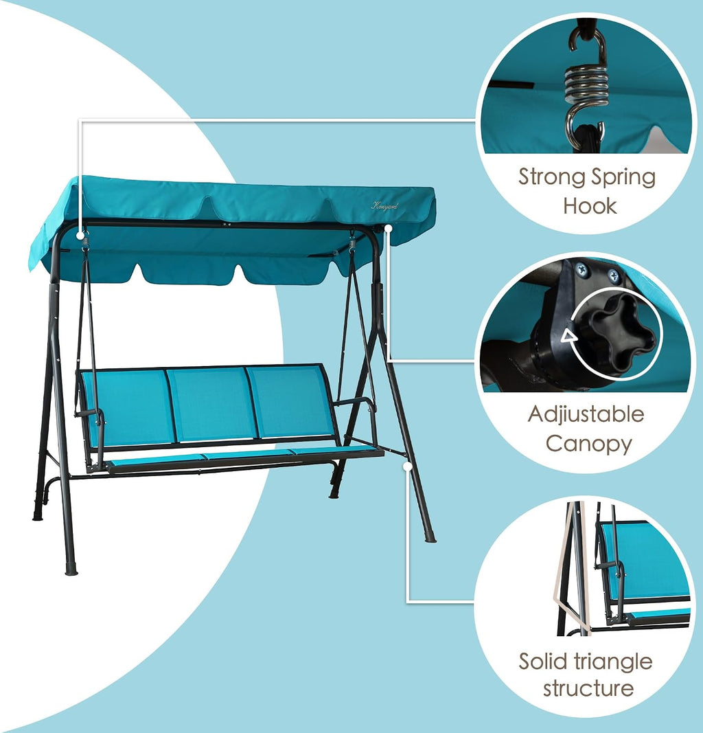 Kozyard 3-Person Outdoor Canopy Porch Swing Chair, Breathable Textilene Armrest Seat, Adjustable Shade, Heavy-Duty Powder-Coated Steel Frame Swing for Patio, Backyard, Poolside & Balcony, Blue