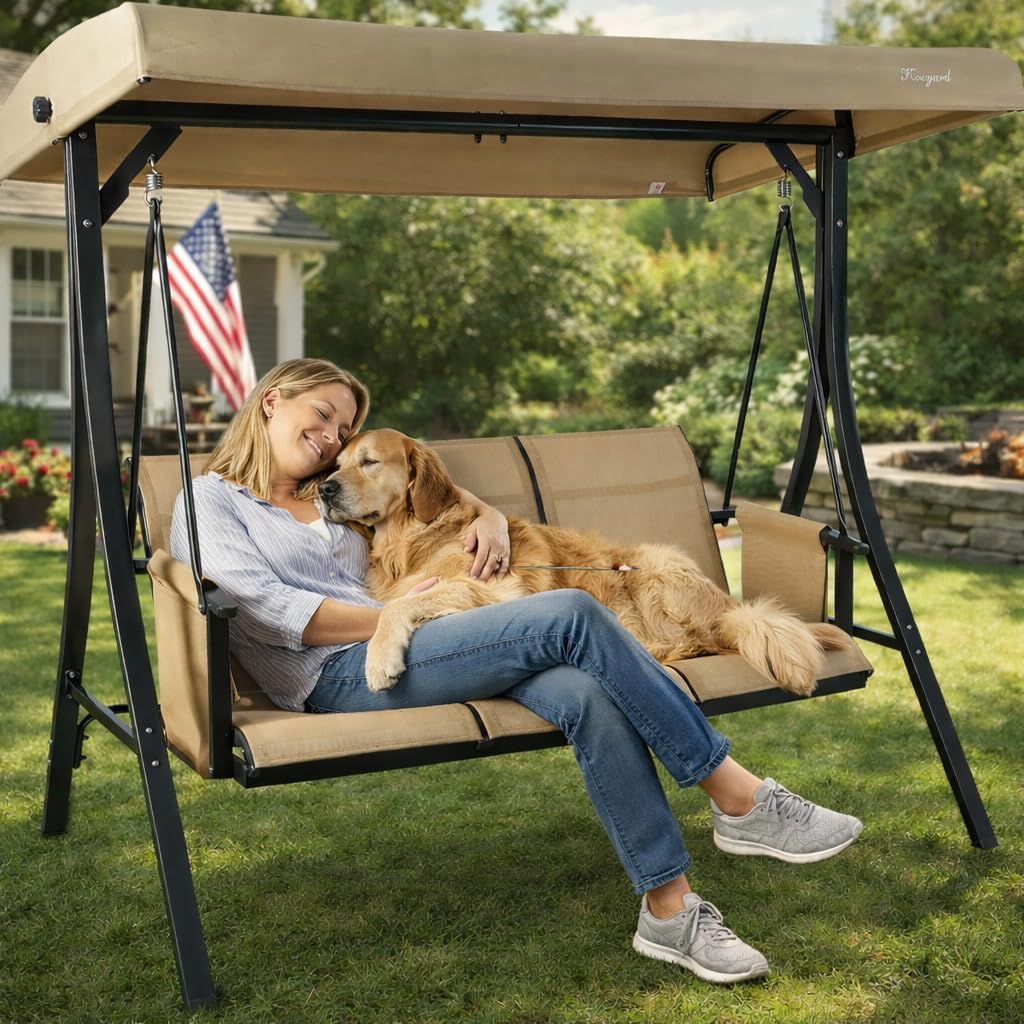 Kozyard Brenda 3-Seat Outdoor Porch Swing Glider, Patio Swing with Adjustable Canopy, Steel Frame, Breathable Textilene Seat & Back, Side Pockets (Tan)