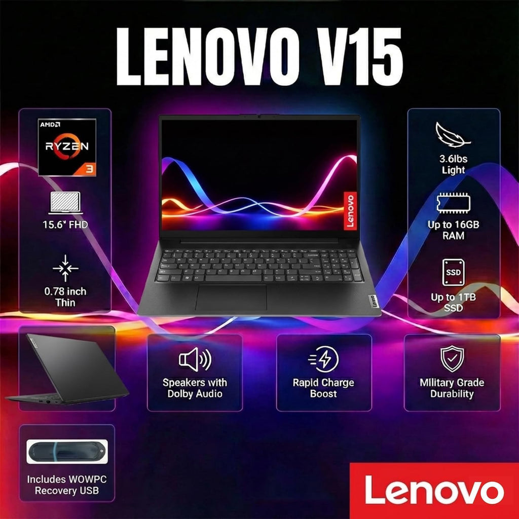 Lenovo 2026 V15 Laptop for Student & Business, AMD 7000 Series Ryzen CPU (Beats Intel i7-1160G7), 15.6' FHD IPS Display, 16GB RAM, 1TB SSD, Ethernet Port RJ-45, Windows 11 Pro, WOWPC USB, No Mouse