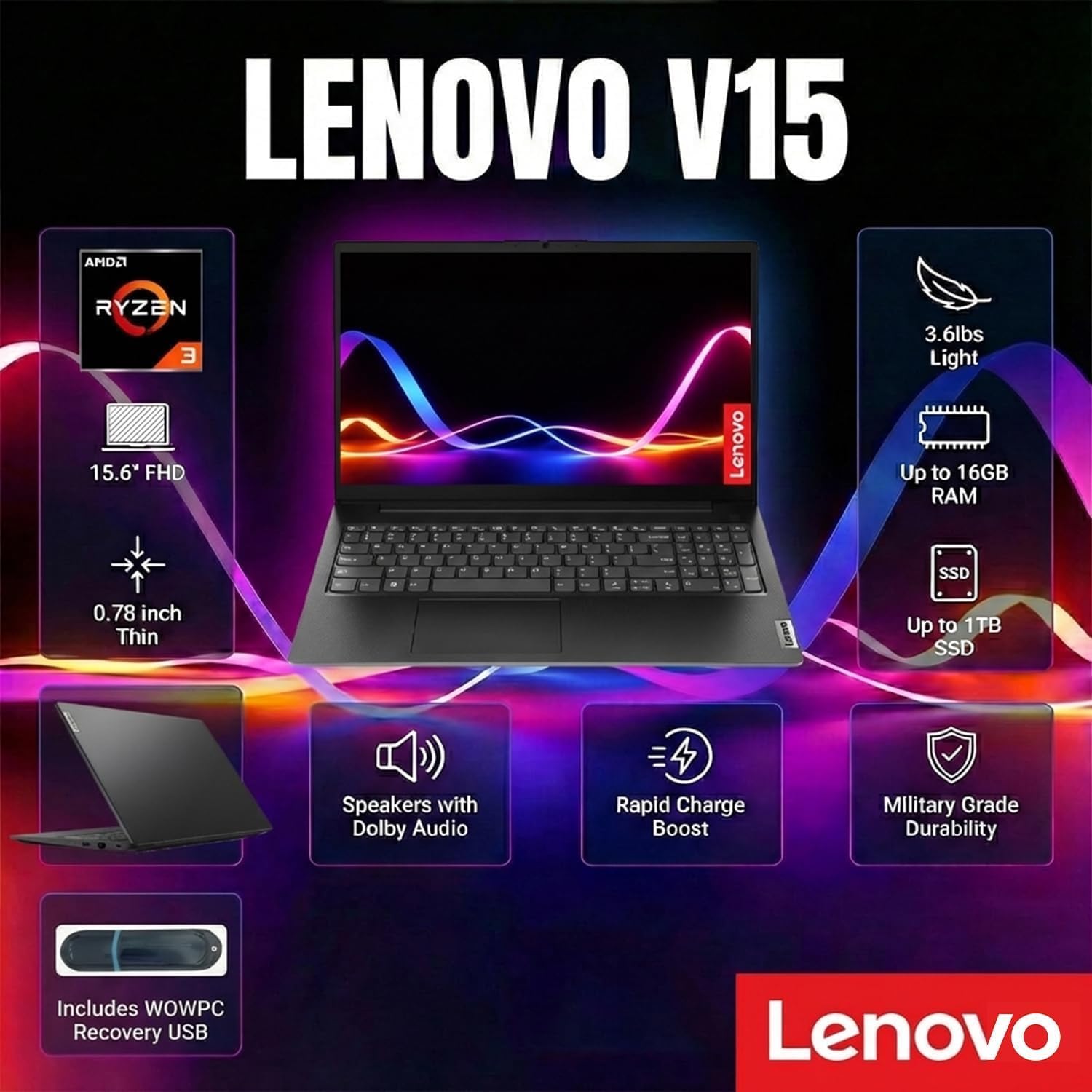 Lenovo 2026 V15 Laptop for Student & Business, AMD 7000 Series Ryzen CPU (Beats Intel i7-1160G7), 15.6' FHD IPS Display, 16GB RAM, 1TB SSD, Ethernet Port RJ-45, Windows 11 Pro, WOWPC USB, No Mouse