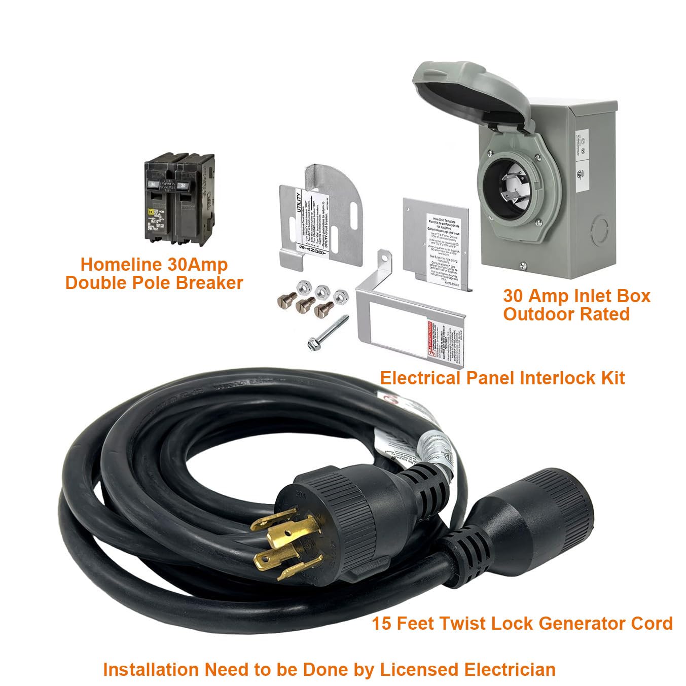 30 Amp Generator to House Hook-up Kit for Square D Homeline 150/200/225 Amp Load Center, Including Generator Cord,Power Inlet Box,Panel Interlock Kit and Circuit Breaker (15 Ft Gen Cord)