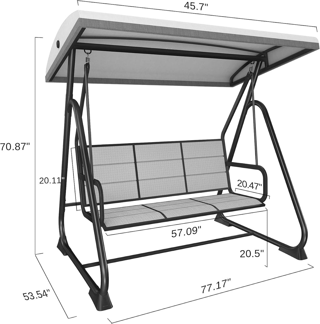 East Oak 3-Person Porch Swing with Adjustable Canopy, Outdoor Patio Swing Chair with Comfortable and Breathable Seats, Outdoor Swing Chairs for Balcony, Garden, Backyard, Black