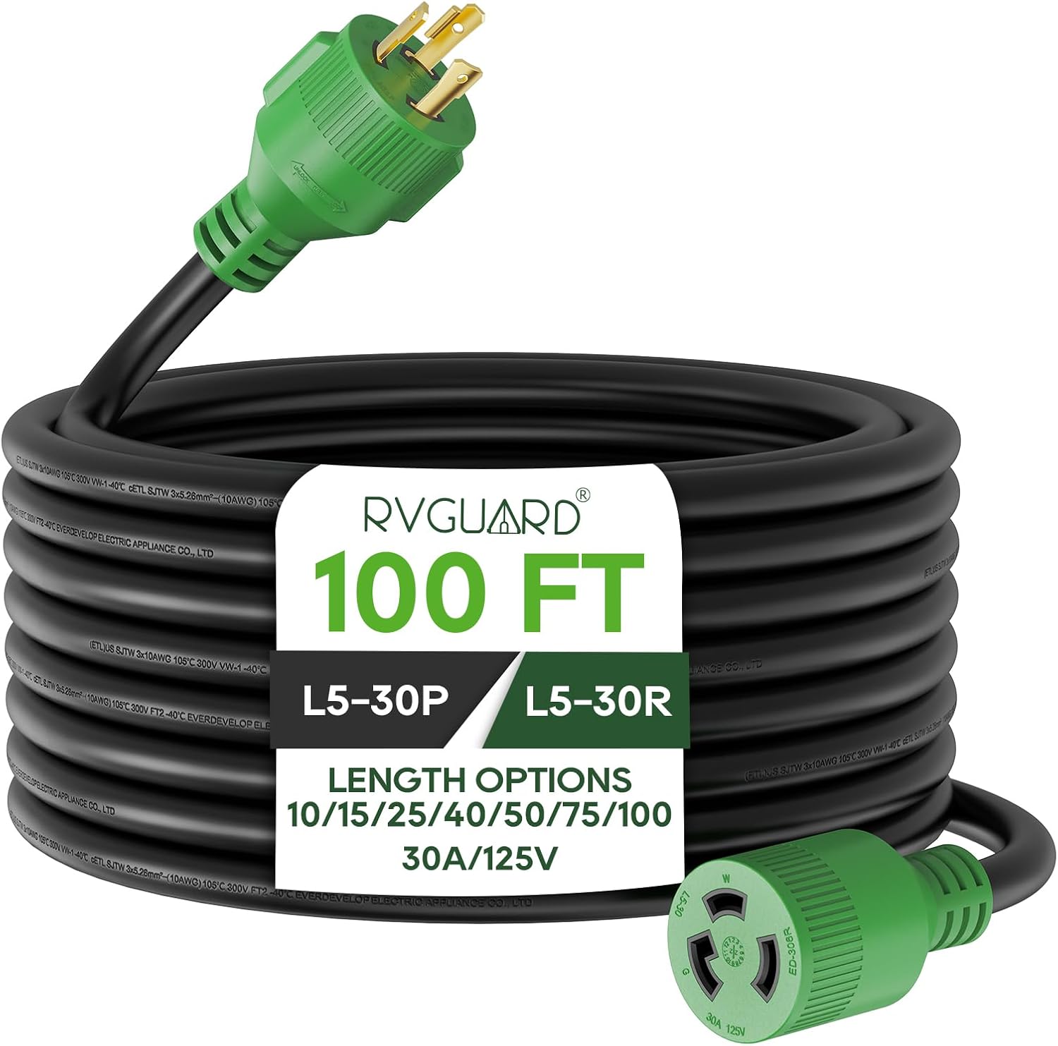 RVGUARD 3 Prong 30 Amp 100 Foot Generator Extension Cord, NEMA L5-30P/L5-30R 125V 10 Gauge SJTW Generator Power Cord with Cord Organizer, ETL Listed