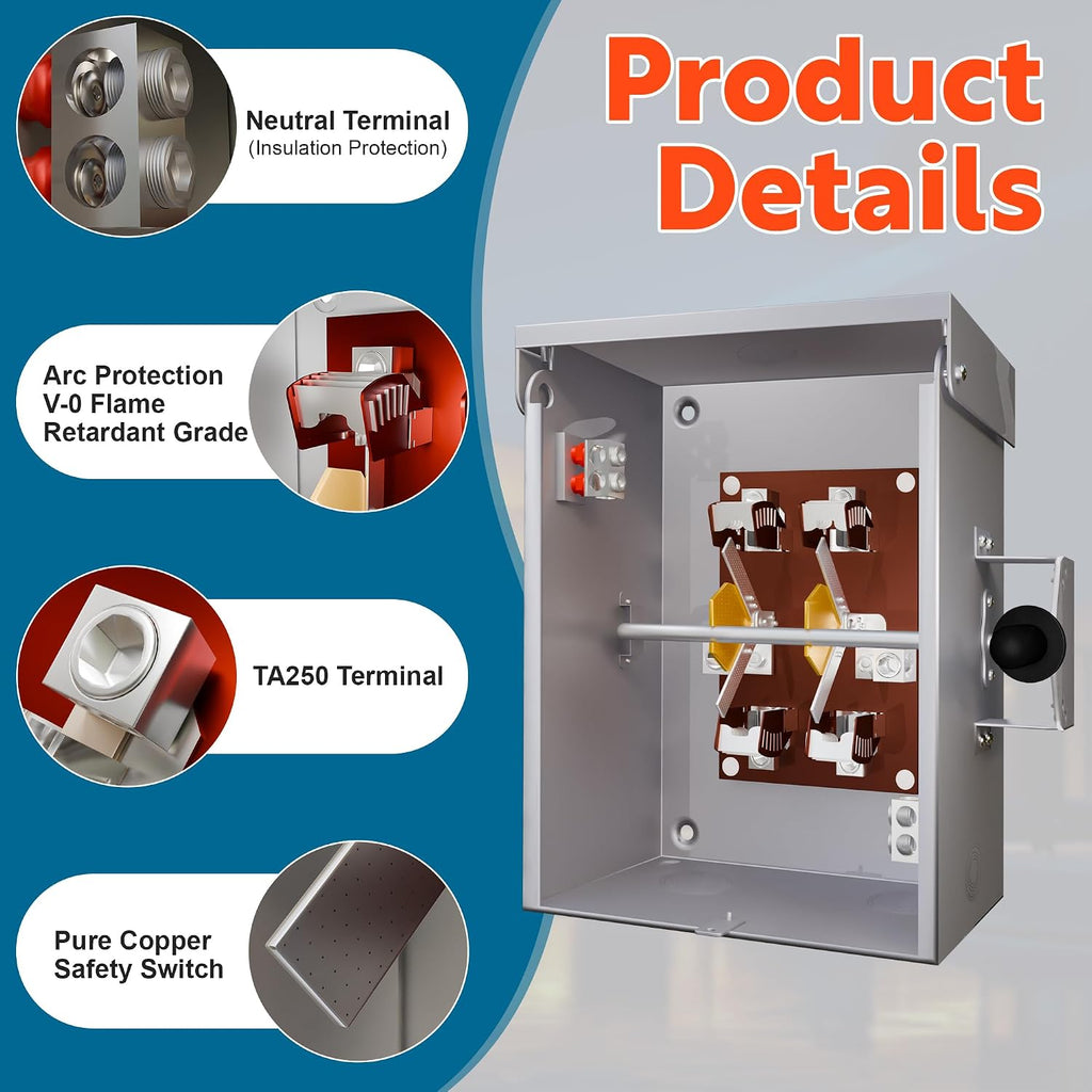 Upgraded 200 Amp Generator Transfer Switch, Manual Transfer Switch 2 Pole 4 Wires, 120/240-Volt 48,000-Watt General-Duty Double Throw Safety Switch, Heavy Duty Safety Switch (200A-2P)