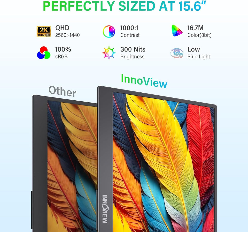 InnoView 2K Portable Monitor 15.6' QHD 100% sRGB, Built-in 180° Adjustable Stand Travel Monitor USB C Standard HDMI Ultra-Slim Portable Monitor for Laptop MacBook Phone PS Xbox Switch