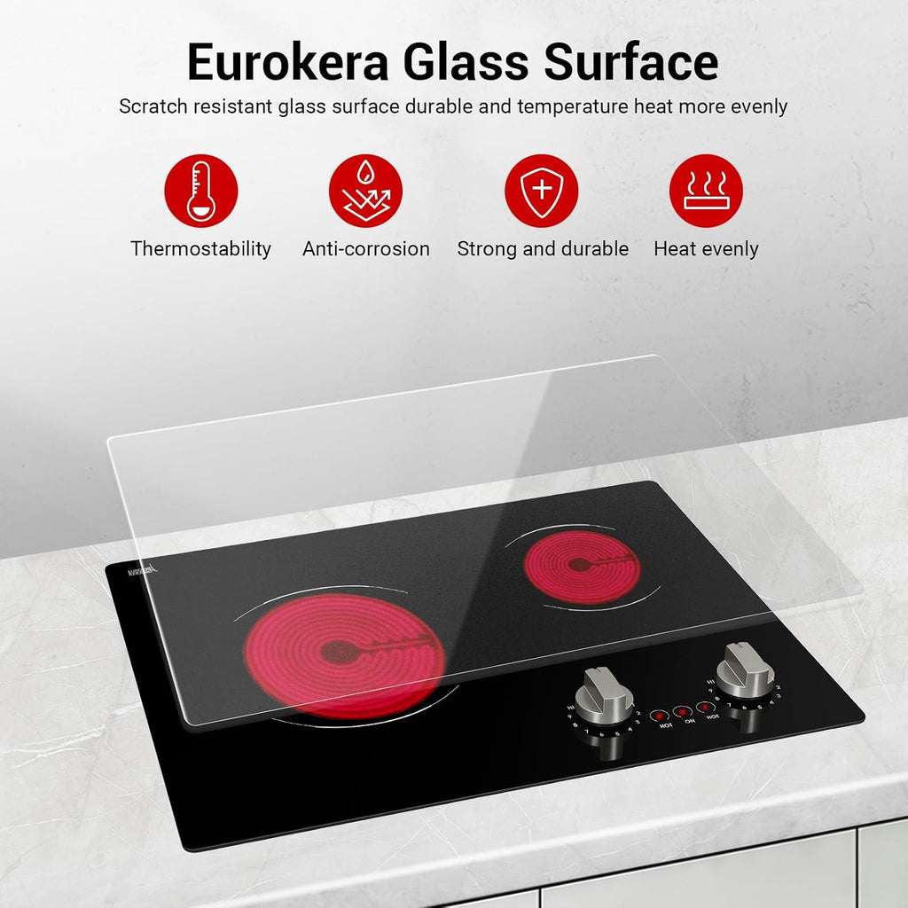 Electric Cooktop 2 Burner, 21 Inch Double Electric Stove Top Mechanical Knob Control Built-in 3700W Large Ceramic Stove Top, 9 Heating Level, 220-240V, Hard Wired,Overheating Protection
