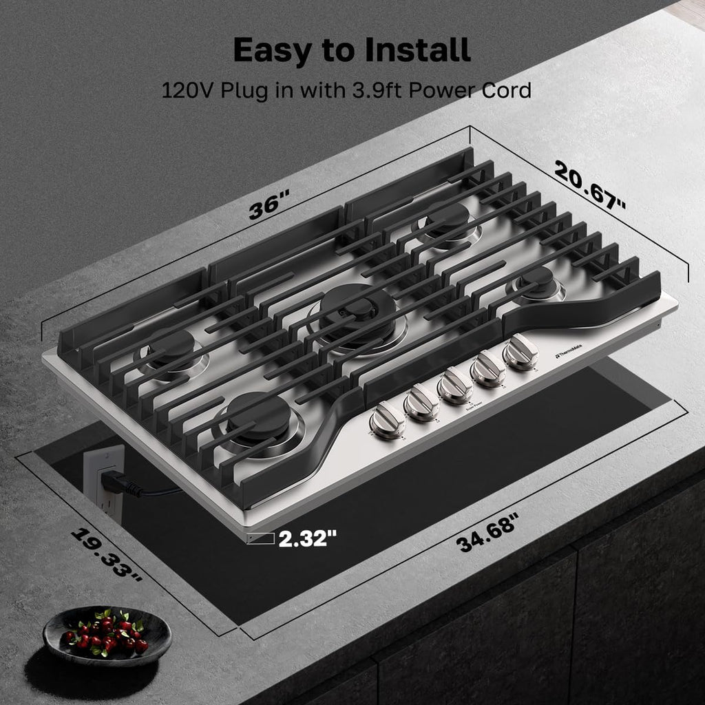 ThermoMate Heavy 36 Inch Gas Cooktop with 5 Italy Sabaf Power Burners, Built In Stove Top of 304 Stainless Steel, Gas Hob NG/LPG Convertible, Cooker with Thermocouple Protection CSA Certified