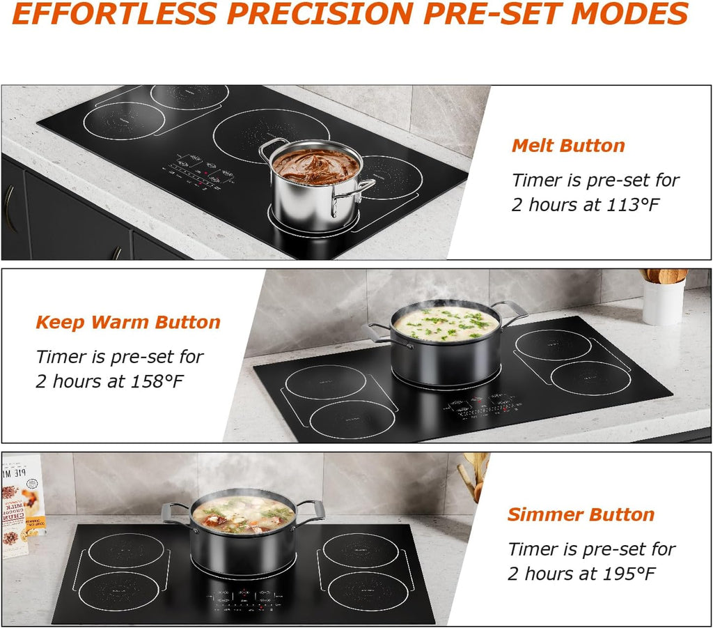 36 Inch Induction Cooktop 5 Burners, Flat Glass Top Electric Stove Hob with Bridge-SYNC, 3 Preset Modes Booster, Timer, Pause, Child Lock, Drop in, 208~240V/50A, Black