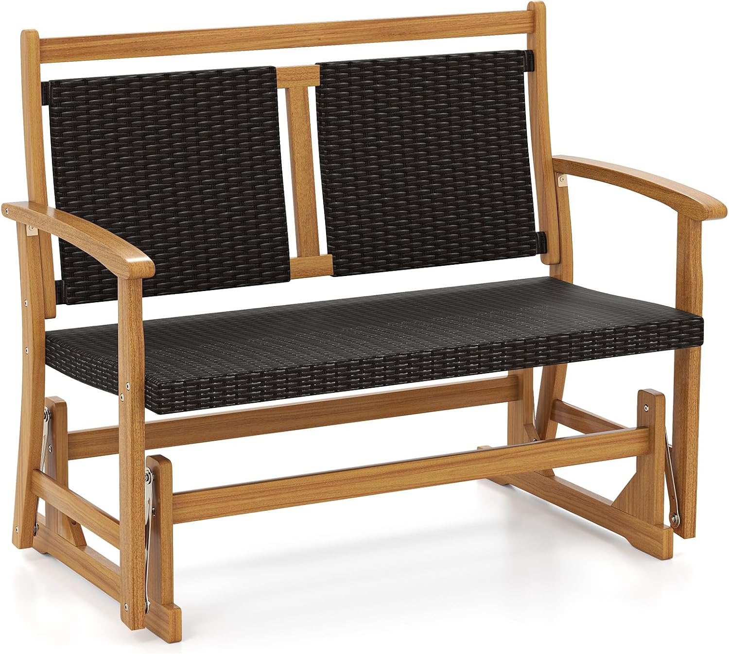Tangkula Patio Rattan Glider Bench, Swing Gliding Rocker w/Acacia Wood Frame & Wicker Seat Back, Outdoor Rocking Armchair w/Curved Armrests for Porch, Backyard, Poolside (2 Seat)