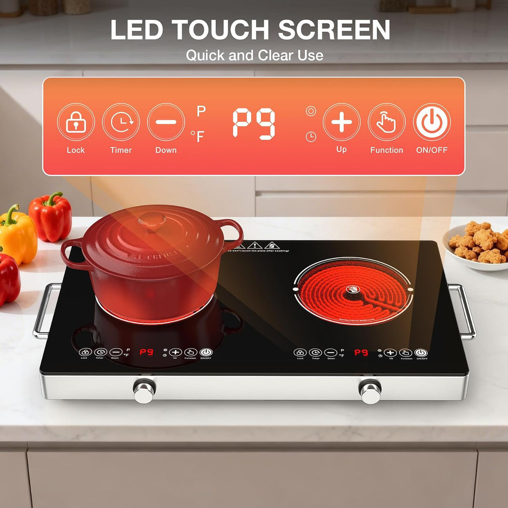 4000w Electric Cooktop 2 Burners, 23'' Electric Stove Top 110v with Plug in, GTKZW Knob Control Countertop & Built-in Ceramic Cooktop, 9 Power Levels, Child Lock, Timer, Over-Heat Protection