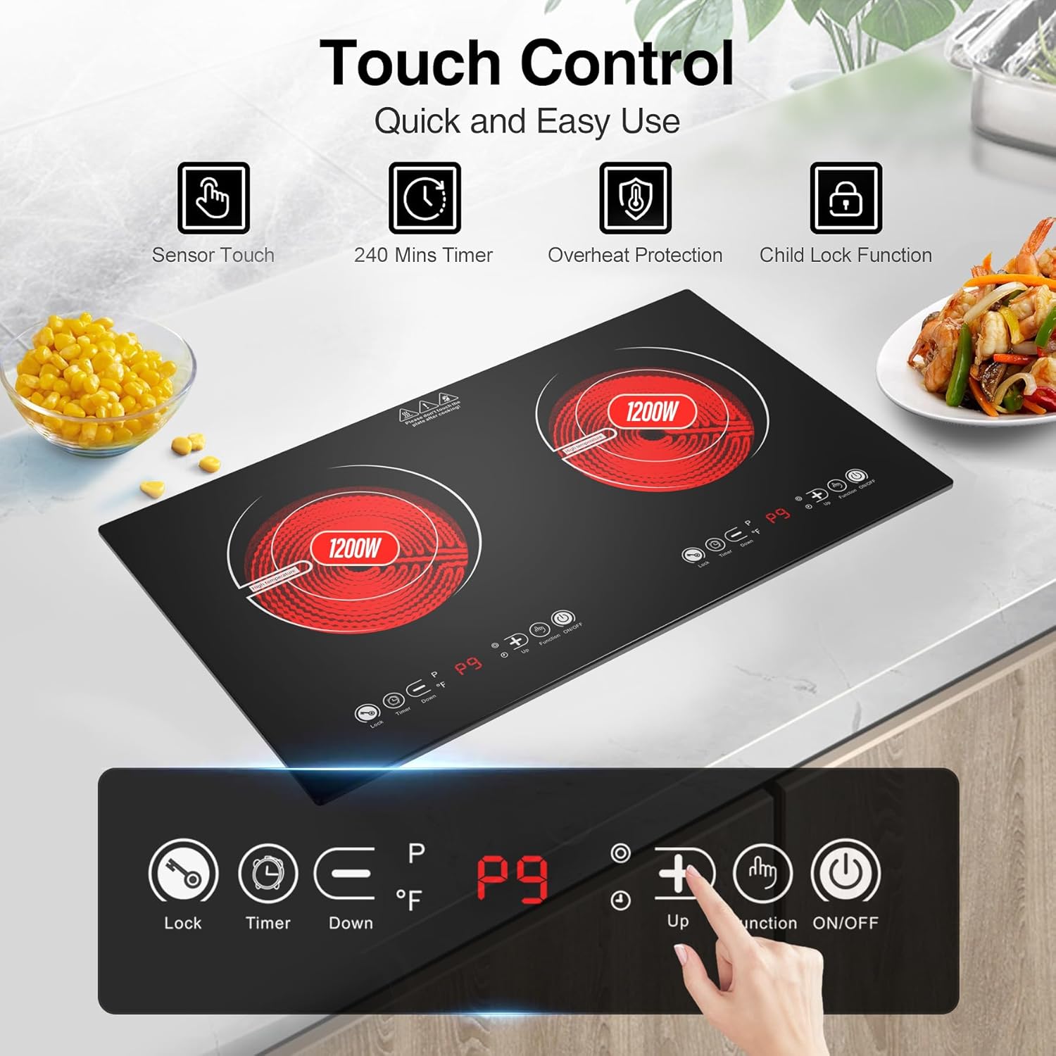 VBGK 2 Burner Electric Cooktop,110V 2400W Electric Stove Top with Touch Control,9 Heating Level,Timer & Kid Safety 2 burner cooktop.