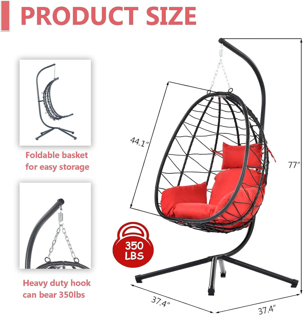 Hanging Egg Chair with Stand, Black Wicker Rattan Swing Egg Chair, Indoor Outdoor Swing Chair for Patio Balcony Porch Bedroom, 350 LBS Capacity (Red)