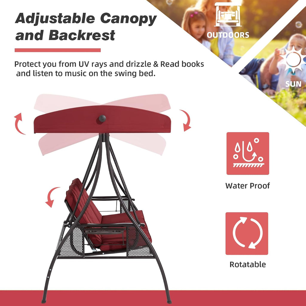 HOMREST 3 Seat Outdoor Porch Swing with 1.5' Deepened Cup Holder, Adjustable Canopy, Patio Swing Bed with Stand, Patio Glider Swing with Thicken Cushions, Pillow for Yard, Garden(Wine Red)