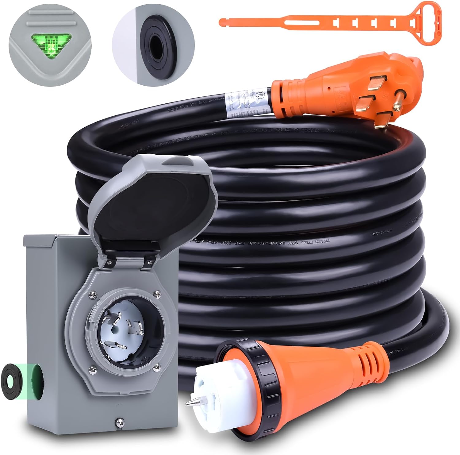 50A Generator Cord and Power Inlet Box,25FT Generator Extension Cord NEMA 14-50P/SS2-50R STW 6/3+8/1 AWG with Twist Lock Connector,Pre-Drilled Inlet Box for Generator to House,125/250V ETL Listed