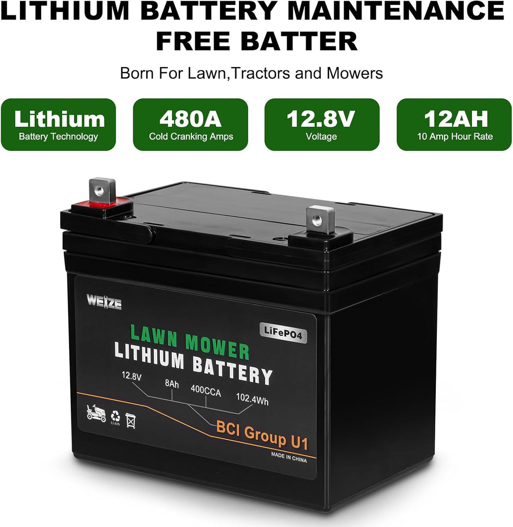 WEIZE 12.8V 8Ah Lithium Battery for Lawn Mower and Tractor, 400CCA BCI Group U1 LiFePO4 Batteries, Fits with John Deere, Toro, Cub Cadet, and Craftsman