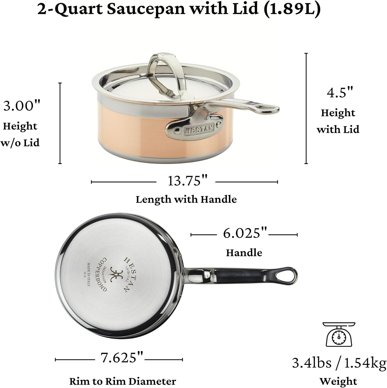 Hestan - CopperBond Collection - 100% Pure Copper Sauce Pan, Induction Cooktop Compatible, 2 Quart