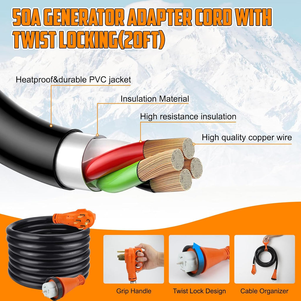 50Amp 20FT Generator Extension Cord Power Inlet Box with Locking Connector,125/250V,4 Prong NEMA 14-50P SS2-50R Generator Cable Pre-Drilled Generator Inlet Box for Generator RV Outdoor Use